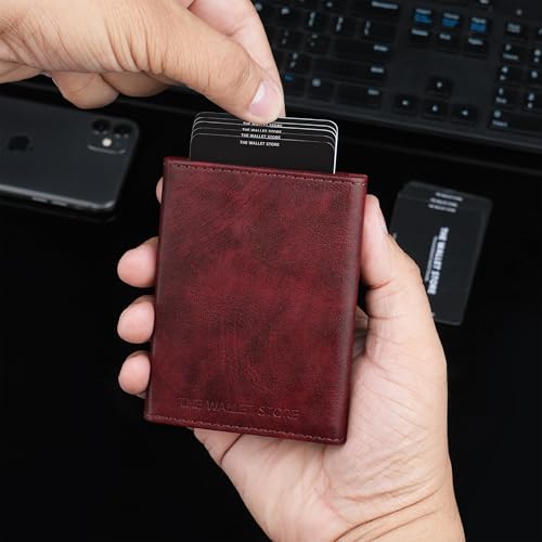 Image of The Wallet Store Defender RFID Protected Wallet | Pop-up Card Holder | Scan Proof Wallets for Men | Aluminium Case | Up to 8 Cards | Credit & Debit Card Holder (Wine)