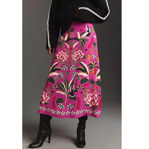 Women's Tropical Plant Print Satin Midi Skirt Festive Floral Zipper A-Line Spring Summer Boho Travel Skirts (Rose Red, L1)2