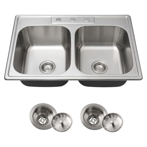 Kitsitchen 33x22-Inch Drop-in Stainless Steel 50/50 Double Bowl Kitchen Sink with Strainer, Top Mount Double Bowl Kitchen Sinks with 3 holes (33' X 22'X 9')