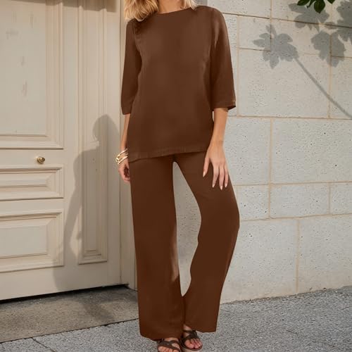 Womens 3/4 Sleeve Cotton Linen Set Summer Casual Wide Leg Pants Suits Loose Solid Two Piece Outfits Trendy Matching Sets2