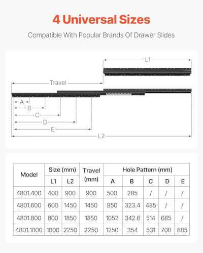 VEVOR Undermount Heavy Duty Drawer Slides, 16 24 32 40 Inch 260 lb Load Capacity Full Extension Ball Bearing Under Stair Cabinet Rails, Bottom Stair Cabinet Glides Track Runners(32inch, Black) - Image 2