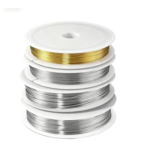 4 rollos alambre para abalorios nailon de acero inoxidable recubierto, 0,5 mm x 100 m, 3 alambres plateados y 1 alambre de cobre, alambre metálico para hacer bisutería artesanal, cadenas y pulseras