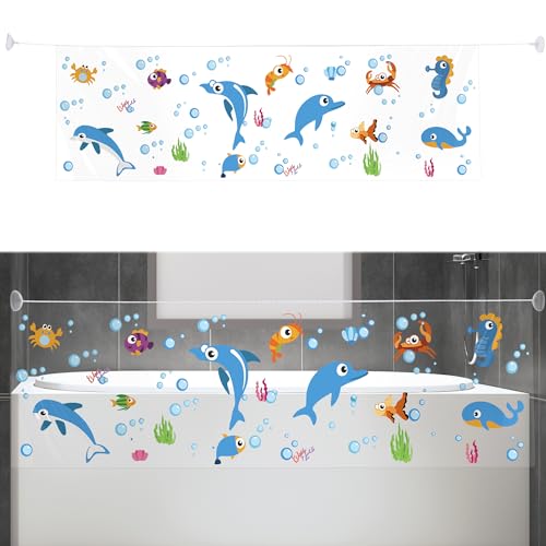 Image of BALAPET Kids Bathtub Splash Guard Clear Waterproof Splash Guard for Bathtub Fun Blue Ocean Cartoon Design Easy to Store with 2 Suction Cups The Ultimate Kid-Friendly Bath Time Solution(Blue)