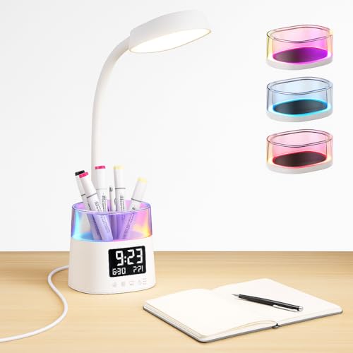 Bokefo Lámpara de Escritorio LED, Soporte para Lápices con Luces RGB, 3 Colores, Brillo Regulable, Reloj y Temporizador, Brazo Flexible 360°