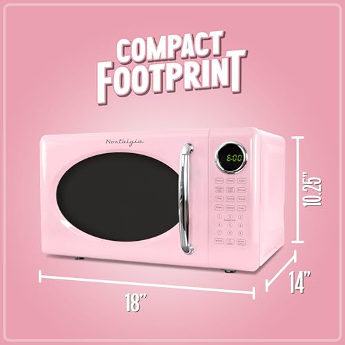 Nostalgia Retro Microwave Oven 0.7 Cu Ft, 700-Watt Countertop Size with Glass Turntable, Child Safety Lock, 8 Auto-Cook Programs, Digital Clock, Pink