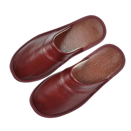 Premium Comfort Thermal Full Leather Non Slip Mens House Slippers Inddor Outdoor Soft Warm Shoes Plus Size (Dark Red Full Leather Slippers 13)