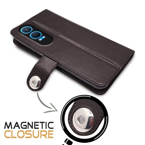 Image of Pikkme Flip Cover Leather Finish | Inside TPU with Card Pockets | Wallet Stand and Shock Proof | Complete Protection Button Flip Case for OnePlus Nord CE 4 Lite 5G (Coffee)