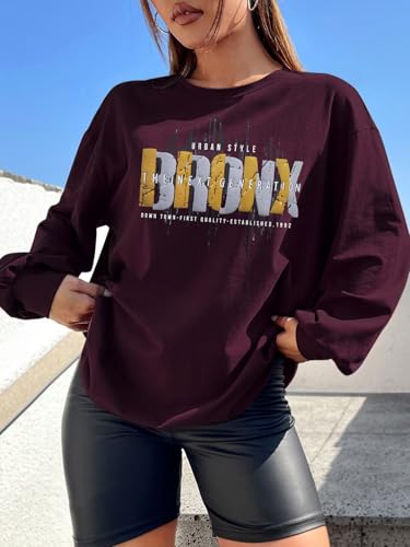 Image of CHKOKKO Oversized Round Neck Drop Shoulder Printed Polyester Full Sleeves T-Shirt for Women