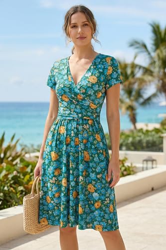 Image of OUGES Maternity Nursing Dress Breastfeeding Short Sleeve V Neck Casual Pregnancy Clothes with Pockets