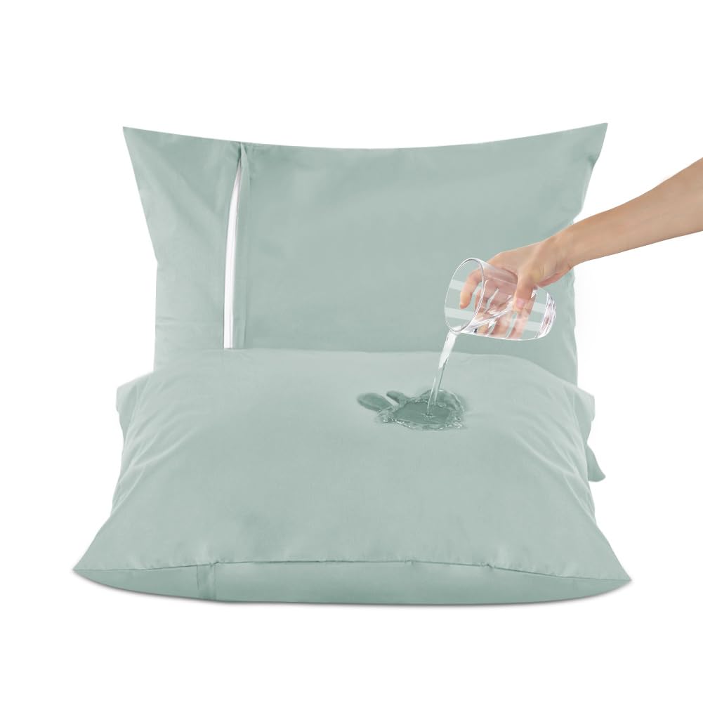 DUJUIKE Waterproof Zippered Pillow Protectors Pack of 2, Waterproof Pillow Protectors, Super Soft, Breathable, Noiseless (Green, 60 x 60 cm (2 Pack))
