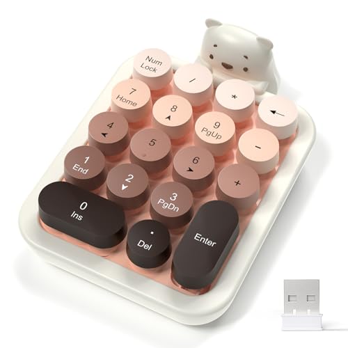 FELICON Cute Wireless Numeric Keypad with Silicon Bear,18-Key Colorful Round Keycaps,Ergonomic,2.4GHz Wireless Connection,Portable Financial Accounting Numpad Membrane Keyboard for PC,Laptop(Milk Tea)