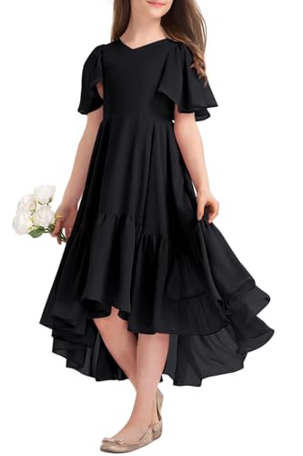 Haloumoning Vestido de verano para niña   Cuello en V   Vestido con volantes   Informal   Vestido de trapecio   Vestido de noche largo y elegante, Negro , 120 cm
