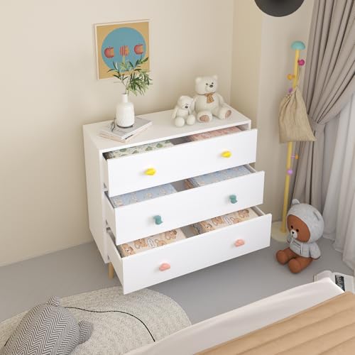 Image of 3-Drawer Chest of Drawers with Colorful Cartoon Handles, Anti-Dumping White Dresser with Solid Wood Legs,Storage Cabinet for Living Room, Closet, Apartment