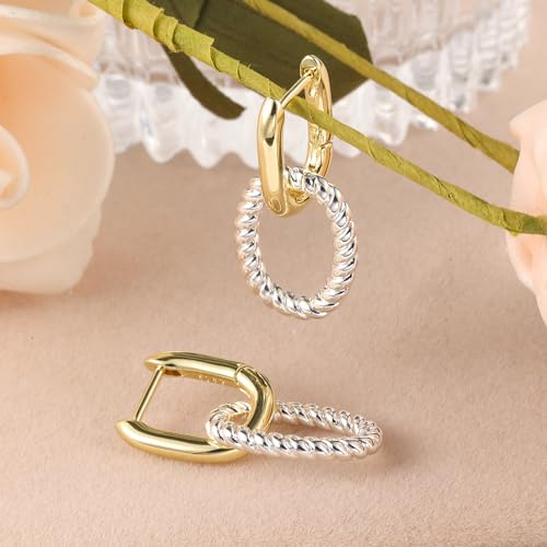 14K Two Tone Gold Silver Hoop Earrings for Women Drop Dangle Paperclip Earrings Convertible Link Chain Earing3