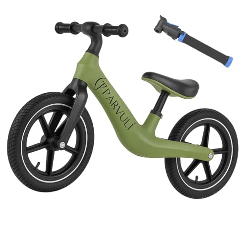 PARVULI Bicicleta Sin Pedales Infantil + Hinchador – Ultraligera y Ajustable para Niños de 2 a 6 Años, Entrena el Equilibrio y los Primeros Pasos en Bicicleta (Verde Oliva)