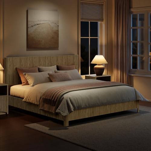 Image of Evermagin Oak King Bed Frame with Headboard, Mid Century Modern Fluted Platform Bed, Boho Wooden Bed Base No Box Spring Needed, Wavy Grooved Panel