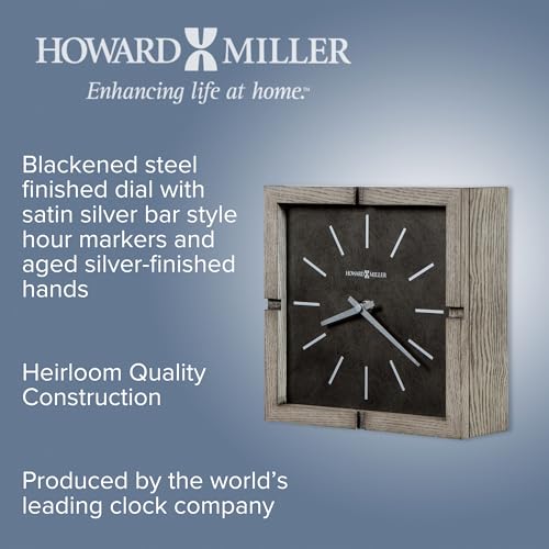 Howard Miller Fortin Mantel Clock - Woden Square Tabletop Timepiece, Battery Operated Analog Desk Clock, Gray Finish, Silver Hands, Quartz Movement, Vintage, Ideal Living Room, Home and Office Decor