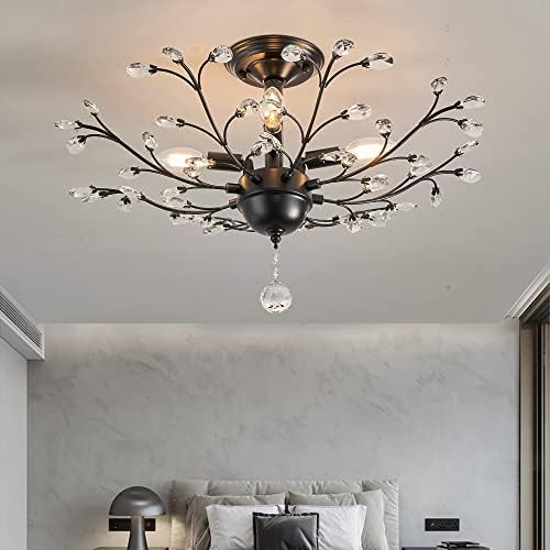 POUNEE Vintage 4 Light Branch Flush Mount Ceiling Light for Bedroom Living Room Dining Room Kitchen,Farmhouse Black Crystal Closet Bathroom Restaurant Porch Chandeliers Pendant Lighting