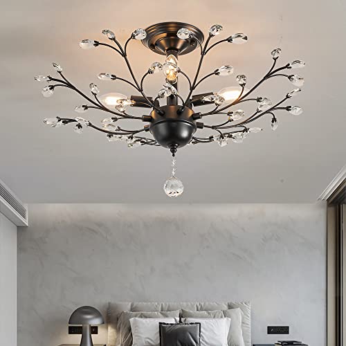 Pounee Vintage 4 Light Branch Flush Mount Ceiling Light For Bedroom Living Room Dining Room Kitchen,Farmhouse Black Crystal Closet Bathroom Restaurant Porch Chandeliers Pendant Lighting #TOP3