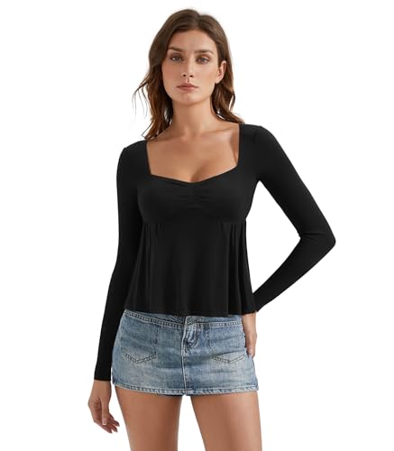 OMKAGI Cute Peplum Babydoll Tops for Women Going Out Double Layer Long Sleeve Shirts2