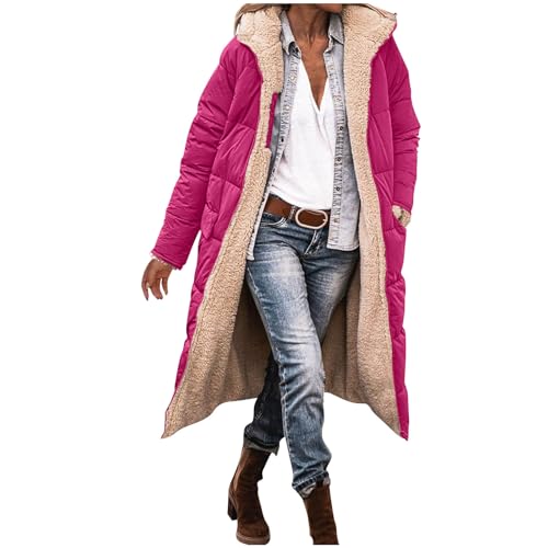 Image of Slxbear Womens Long Puffer Coat Hooded Sherpa Fleece Lined Coat Warm Zip Up Quilted Jackets Oversized Reversible Winter Warm Outerwear Padded Fuzzy Plush Long Jackets Hoodie A Hot Pink XL