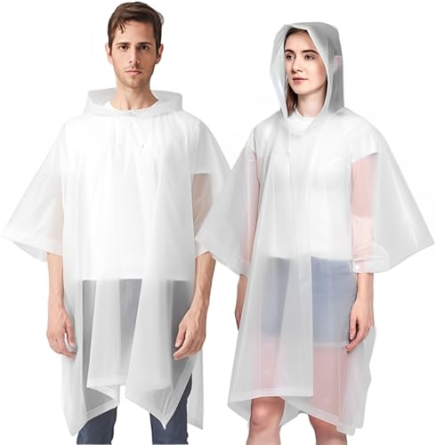 YANKUIRUI Lot de 2 ponchos de pluie imperméables légers et réutilisables avec capuche, poncho d'urgence portable pour adultes, famille, randonnée, cyclisme, camping, Blanc., taille unique