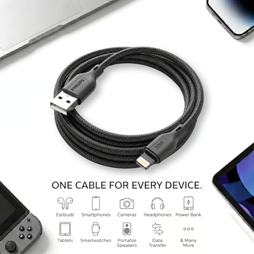 Image of PHILIPS DLC4130VB /94 20W iPhone Original Type-A to Lightning Fast Charging Cable (1m, Dark Slate) | MFi Certified | 480Mbps Data Sync | Nylon Braided | Compatible with iPhone & Other Lightning Devices