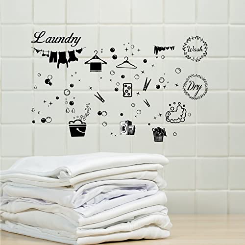 Creatcabin 4Pcs Laundry Room Vinyl Wall Decals Wash Dry Quote Washing Machine Dryer Wall Stickers Self-Adhesive Peel And Stick Mural Decoration For Home Bathroom Washing Machine Dryer Laundry Room #TOP5