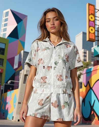 UOUA Women's 80s Color Block Outfits 2 Piece Tracksuit 90s Party Costume Summer Zip Up Windbreaker & Short Sets3