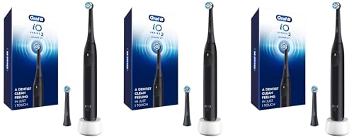 Image of Oral-B Rechargeable Electric Toothbrush, iO2 Starter Kit, 3 Cleaning Modes, Automatic Pressure Sensor to Protect Gums, 2 Brush Heads, Night Black (Pack of 3)