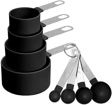 8 Piece Measuring Cups and Spoons Set, Kitchen Utensils with Metal Handles, 4 Measure Cups and 4 Measurement Spoons for Cooking, (Black)