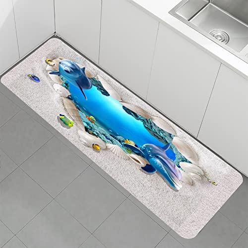 Lyfans Bath Rugs Sponge Foam Absorbent Soft For Bathroom And Kitchen (71 X 24 Inches), Flannel Mat Non Slip Bright 3D Print For Bedside And Living Room(Heart-Shaped Beach Dolphin) #TOP7