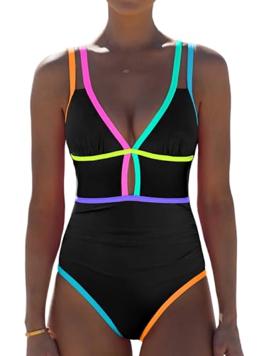 popvil Women One Piece Swimsuit 2026 Tummy Control Sexy Cutout Neon Color Block Bathing Suit Slimming Adjustable Swimwear, Black2, Large
