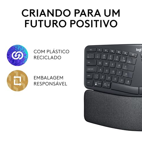 Teclado sem fio Logitech ERGO K860 com Layout de Teclado Dividido, Suporte para Descanso de Pulso, T