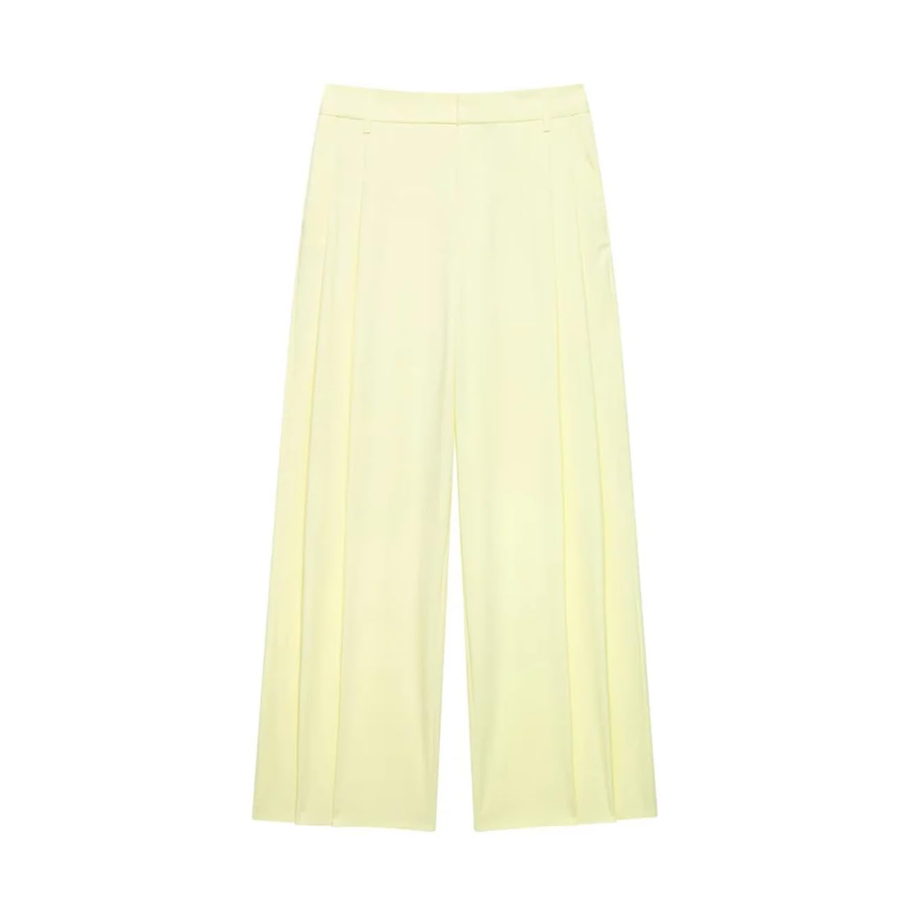 Completo da donna giallo chiaro con bottoni dorati e pantaloni a gamba larga plissettati a due pezzi
