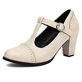 Gicoiz Salomés Mary Jane Femme Bloc Brogue Bout Fermé Vintage Boucle Pumps Bureau Travail Chunky Chaussures Formal Beige Taille 39 EU 40Cn