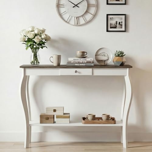 ChooChoo Narrow Farmhouse Console Table with Drawer, Chic Accent Sofa Entryway Table with Shelves for Entryway, Living Room, Hallway, Soft White