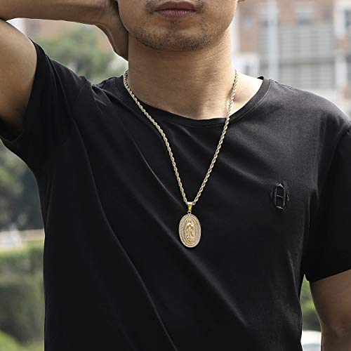 Rowin&Co Mens 18K Gold Hip Hop Iced Out Bling Micro Pave Artificial Diamond Oval Virgin Mary Cz Pendant With 24 Inch Gold Rope Chain #TOP4