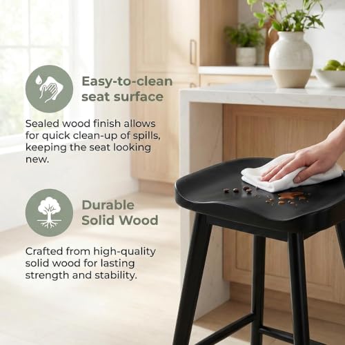Image of HNY Backless Black Bar Stools Set of 3, Modern Counter Height Barstools 24 Inch Rustic Farmhouse Bar Height Saddle Stools with Ergonomic Seat, Wooden Stools for Kitchen Counter Island