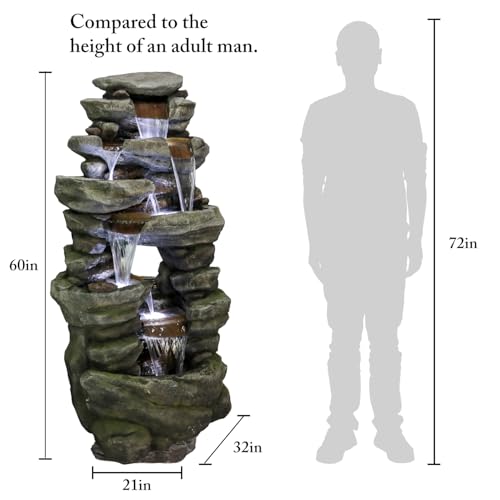 Image of SunJet 60 inch High 7-Tiers Cascading Rock Outdoor Water Fountain with LED Lights - Large Outdoor Fountains and Waterfalls for Garden or Patio, Yard, and Deck Decor, Featuring Natural Stone Look