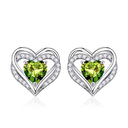 Iefil Earrings For Women Teen Girls, 925 Sterling Silver August Birthstone Peridot Heart Stud Earrings For Girls Women Mothers Day Anniversary Valentines Day Birthday Gifts For Women Her Wife Jewelry #TOP12