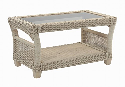 Desser Dijon Coffee Table with Storage Shelf – Glass Top Table with Natural Wicker Rattan Cane Frame – Indoor Conservatory Furniture - H47cm x W89cm x D57cm