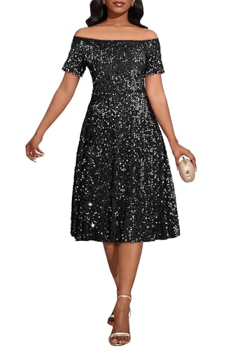 IWFEV Women's Off Shoulder Short Sleeve with Pockets Skater Glitter Sparkly A-line Midi Party Cocktail Sequins Dress L Black