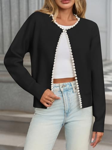 Image of Saodimallsu Womens Fall Open Front Cardigan Sweaters Pearl Long Sleeve Knit Tops Crewneck Dressy Casual Sweater Jacket