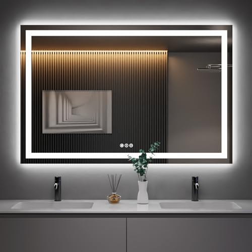 Amorho 50" X36" LED Bathroom Mirror, Front and Backlight, Stepless Dimmable Wall Mirrors with Anti-Fog, Shatter-Proof, Memory, 3 Colors, Double LED Vanity Mirror(Horizontal/Vertical)