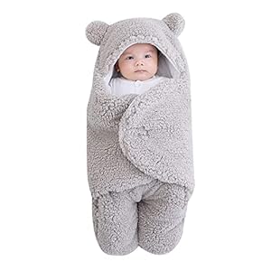 FUNUPUP Baby Hooded Swaddle, Baby Bear Fluffy Sleeping Bag Newborn Baby Wrap Swaddle Blanket for Prams(0-3 Months, Grey)