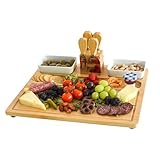 Picnic at Ascot Large Bamboo Cheese Board/Charcuterie Platter with 4 Stainless Steel Tools, 2 Ceramic Trays and 4 Cheese Markers - 16