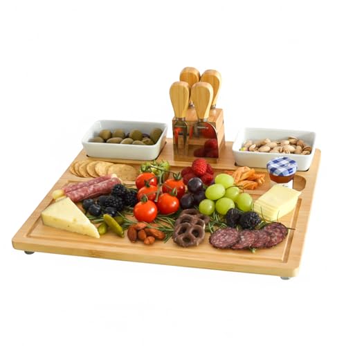 Picnic at Ascot Large Bamboo Cheese Board/Charcuterie Platter with 4 Stainless Steel Tools, 2 Ceramic Trays & Cheese Markers -16