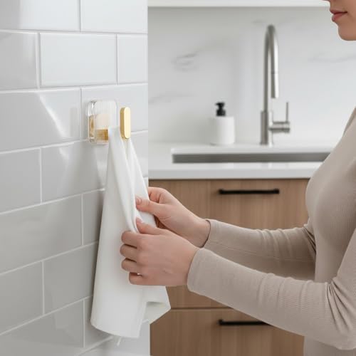 Image of SIGNAMIO 8pcs Self Adhesive Wall Hooks for Hanging Heavy Duty, Damage Free Adhesive Wall Hook for Kitchen Bathroom Bedroom, Made in India Premium Storage Solution Golden