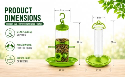Image of PuraMart Hanging Bird Feeder for Garden, Balcony (1 Litre) | Bird Food Dispenser | 4 Feeding Ports | 360 Perch | Weatherproof Bird Feeding Station | Indoor & Outdoor Use (Combo(1-Water & 2-Feeder))